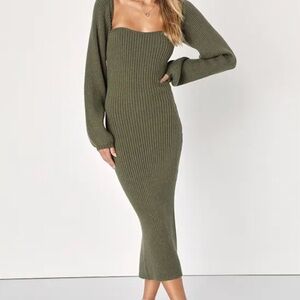 Olive Green Ribbed Knit Dress